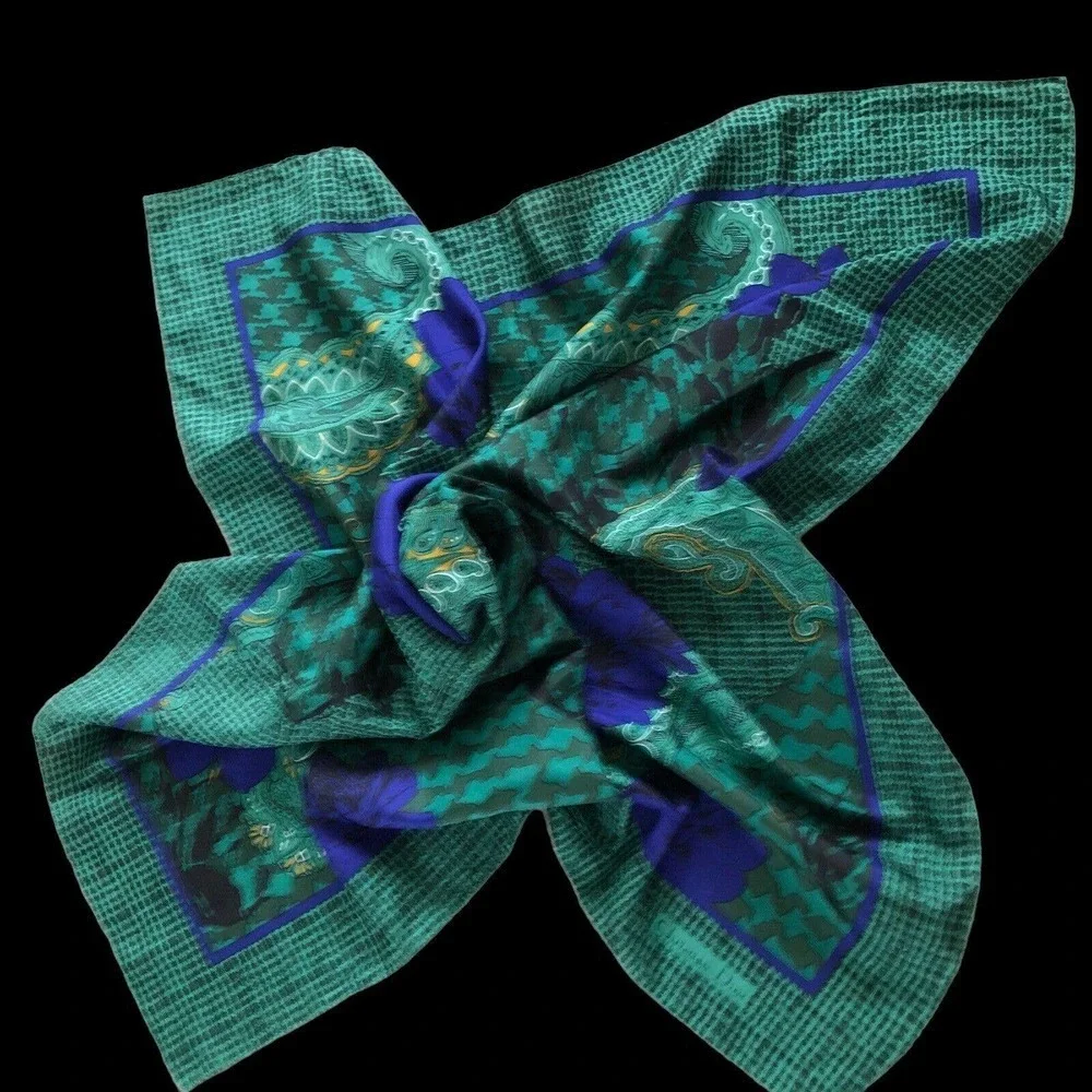 Christian Dior Autumn Green Hues Violet Floral Paisley Silk Scarf Authentic